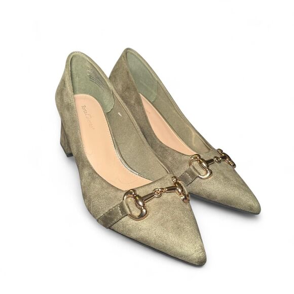Torta Caliente 10W Faux Suede Block Heel Pumps Green Gold Bit Detail Comfort Sho - Picture 1 of 8